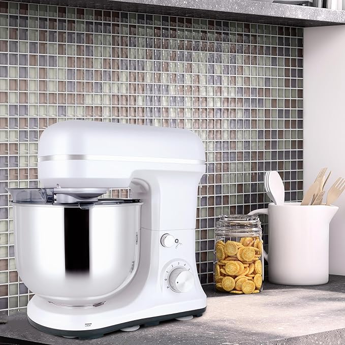 Stand Mixer 5-QT, 6+P Speed Tilt-Head Food Mixer 300W Dough Mixer with Stainless Steel Bowl,Dough Hook,Flat Beater&Whisk Electric Kitchen Mixer for Household Baking, Anti-Slip(Pearl White)