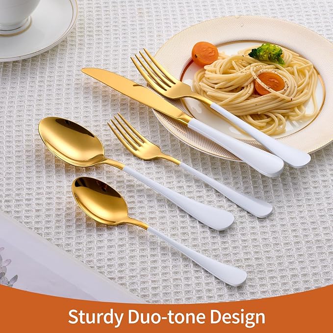 20 Piece Gold and White 18/0 Flatware Utensil Set for 4, Include Dinner Knife,Dinner Forks,Dinner Spoons,Salad Forks,Teaspoons,Silverware Set for 4, Dishwasher Safe