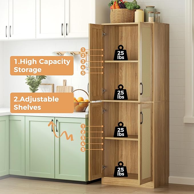 Kitchen Pantry Cabinet, 67" Tall Rattan Storage Cabinet with Doors and Adjustable Shelves, Wooden Linen Pantry Cupboard for Small Spaces Laundry Room Bathroom, Food Snack Towels Storage, Oak