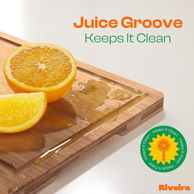 Riveira Brown Bamboo Wood Cutting Board – Gourmet Bamboo Grandeur: 24 x 18 Wooden Cutting Board – Wooden Cutting Boards For Kitchen Decorative – Innovative Juice Grooves Wooden Chopping Board