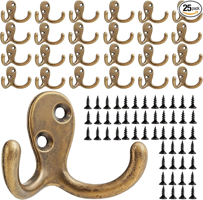 Coat Hooks Wall Hooks for Hanging - 25 Pack Bronze Double Prong Hook Wall Mounted - Great for Living Room, Bedroom, Entryway, Closet for Coat, Bag, Towel, Hat, Key, Cup, Heavy-Duty, Easy to Install
