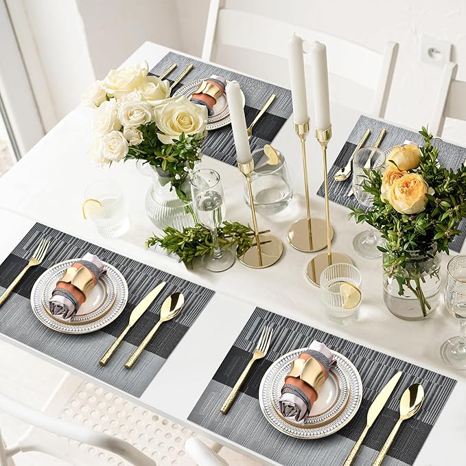 Placemats Set of 8 - Easy Clean Washable Vinyl Placemats - Heat Resistant Placemats for Kitchen Table - PVC Table Mats for Dining Table (Black and Gray, 8)