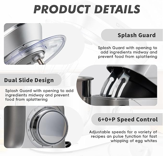 Kitchen in the box Stand Mixer, 900W 7.5QT Kitchen Electric Mixer, 6-Speed Tilt-Head Food Mixer for Baking with Dough Hook,Wire Whip,Beater (Silver)