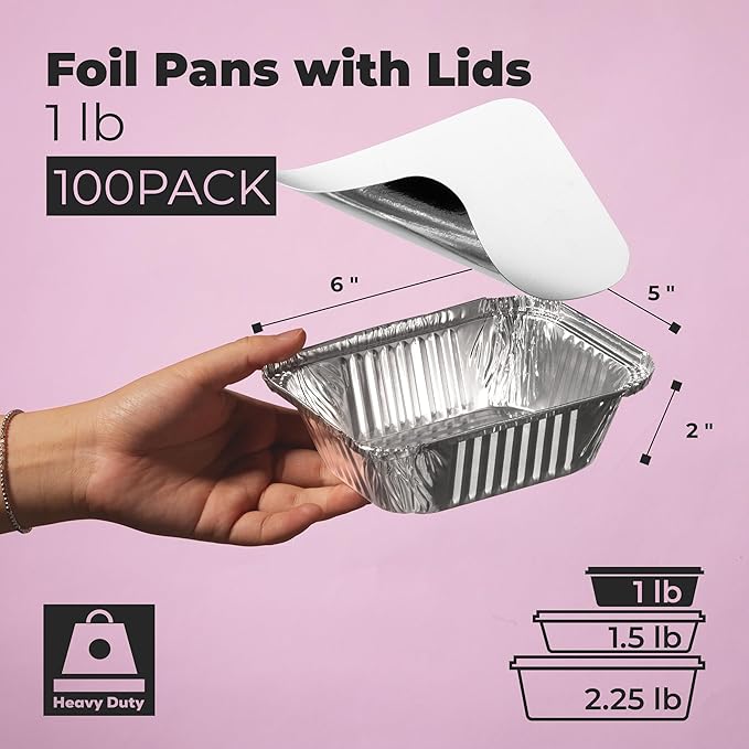 Fit Meal Prep 100 Pack 1 lb Small Aluminum Foil Pans with Lids, Disposable Take Out Food Containers with lids for Freshness and Spill Proof, Disposable Cookware for Catering, Restaurants