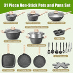 VOTTGO 31 Pcs Pots and Pans Set Non Stick, Black Granite Induction Cookware Set, Non Toxic Healthy RV Kitchen Cooking Set with Silicone Tools and Pot Protectors, PFOA PFOS PFAS Free
