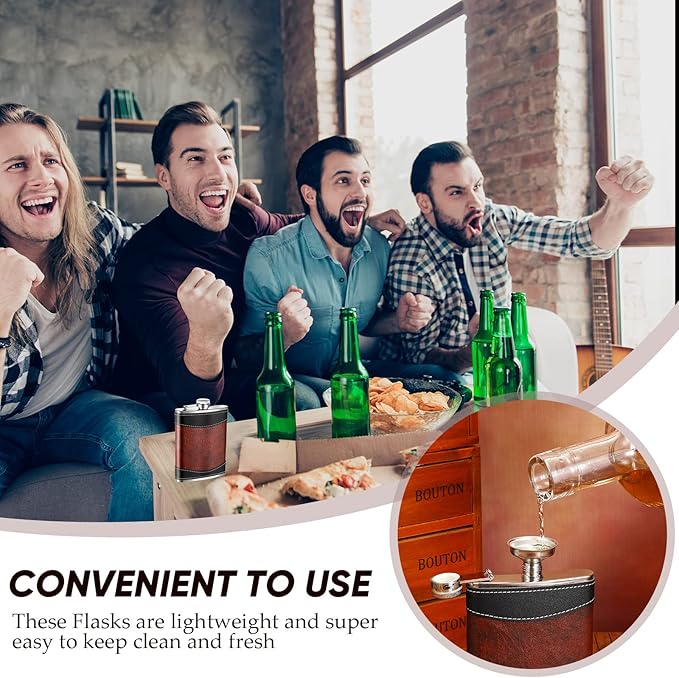 Rtteri 6 Set 8 oz Leather Hip Flasks for Liquor for Men Leak Proof Stainless Steel Drinking Flasks with Funnel Soft Wrap Whiskey Vessels for Wedding Bridesmaid Christmas Gifts (Brown)