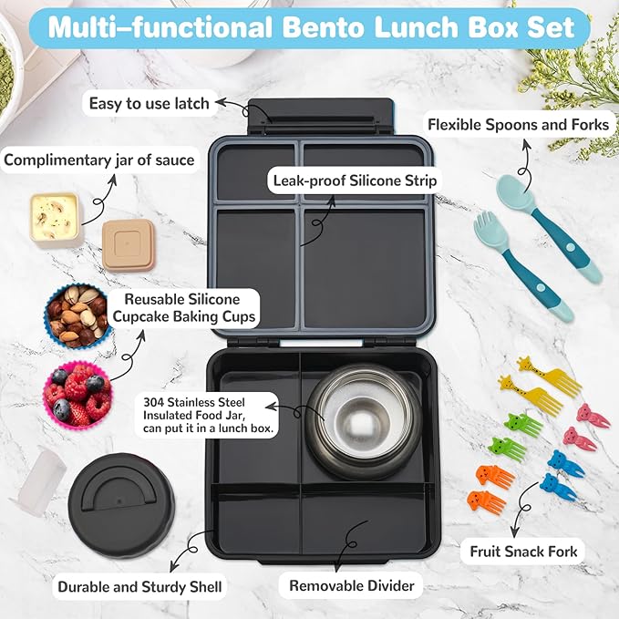 Bento Lunch Box with 9.5 oz Soup Thermo, Kids Leakproof 4 Compartments Bento Box with Silicone Cupcake,Fruit Fork,Spoon and Sauce Cup,Insulated Food Jar for School Travel-Black