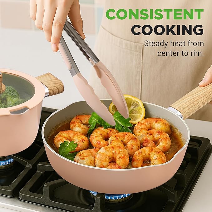 NutriChef 14-Piece Non-Stick Ceramic Cookware Set - Induction Safe Pots and Pans with Glass Lids, Cool-Touch Handles, Even Heat Distribution, Dishwasher Safe, Includes Ladle, Tong, Spatula (Pink)