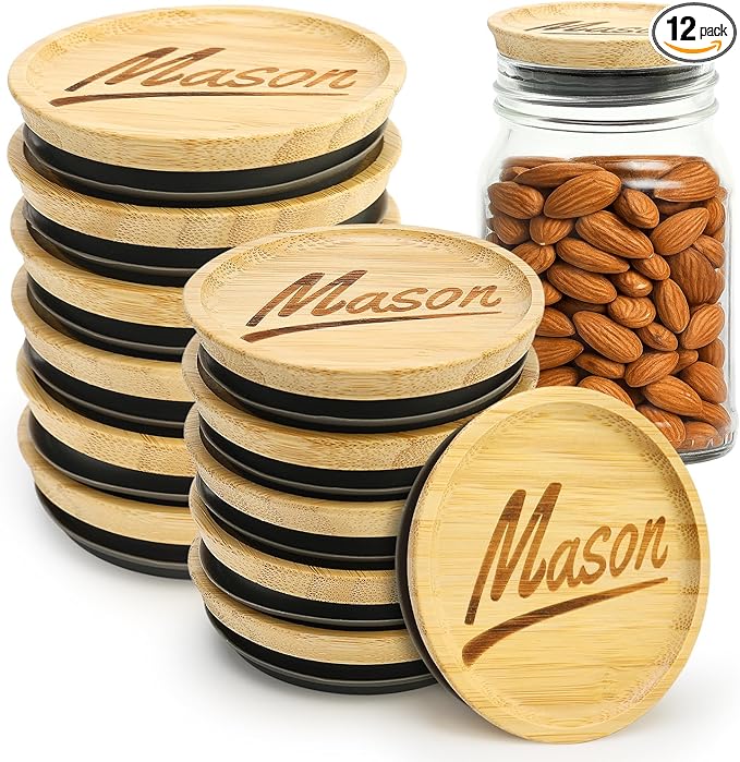 12 Pcs Reusable Regular Mouth Lids & Wide Mouth Mason Jar Lid Canning Supplies Bamboo Lid for Large Mouth Mason Jars Tops Glass Cups Small Wooden Silicone Airtight Covers Decorative Jar Lids