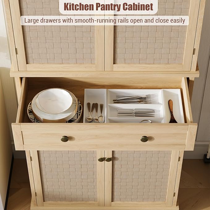 72" Tall Freestanding Pantry Cabinet, Farmhouse Wooden Storage Cupboard with 4 Doors (Barn Doors), 1 Drawer & Adjustable Shelves, Rustic Tall Cabinet for Kitchen, Dining Room, Living Room