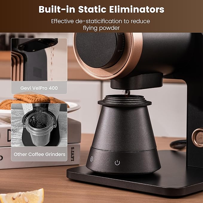 Gevi VelPro 400 Single Dose Coffee Grinder with Variable Speed, Stepless Adjustment, 64mm Titanium Flat Burr & Single Dosing Cup, Coffee Bean Grinder for Drip, French Press & Cold Brew-Black Gloden