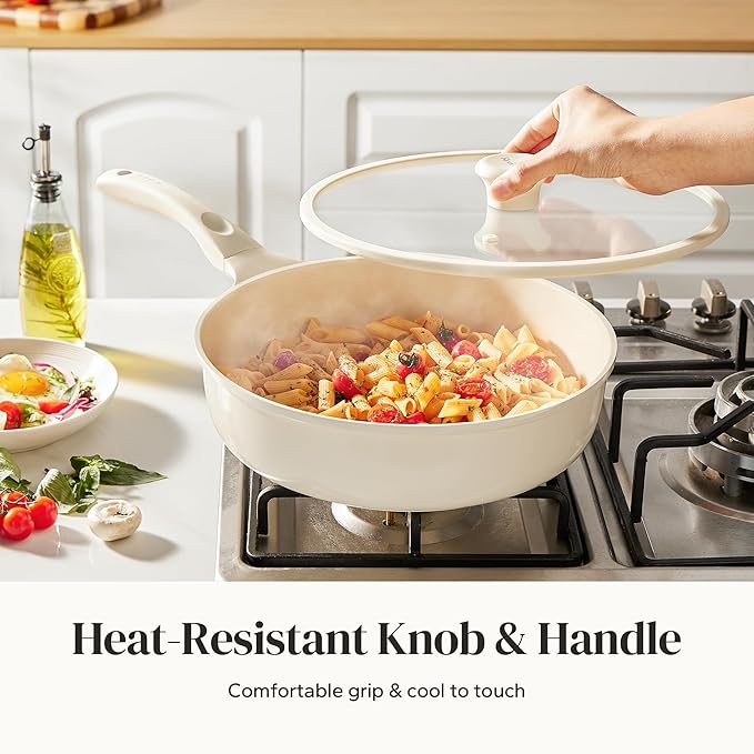 Redchef Nonstick Deep Frying Pan with Lid, Ceramic Saute Pan Skillet, PFOA PFOS Free, Induction Compatible, Stay-Cool Helper Handle, Tempered Glass Cover, Dishwasher Safe, Beige (3.7Qt, 10")