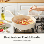 Redchef Nonstick Deep Frying Pan with Lid, Ceramic Saute Pan Skillet, PFOA PFOS Free, Induction Compatible, Stay-Cool Helper Handle, Tempered Glass Cover, Dishwasher Safe, Beige (3.7Qt, 10")