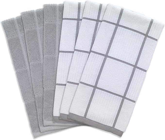 T-fal Solid & Checked Parquet Kitchen Towels: Highly Absorbent, Super Soft Long Lasting - 100% Cotton, 16"x26" Dish Towels for Cleaning & Drying Dishes, Pans, Glassware, Countertops, 6-Pack, Gray