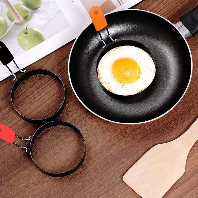 3.5" Nonstick Stainless Steel Egg Rings Set of 4 with Oil Brush, Round Crumpet Ring Mold for Muffins Pancake Cooking Griddle, Portable Grill Accessories for Indoor Camping Breakfast Sandwich Burger