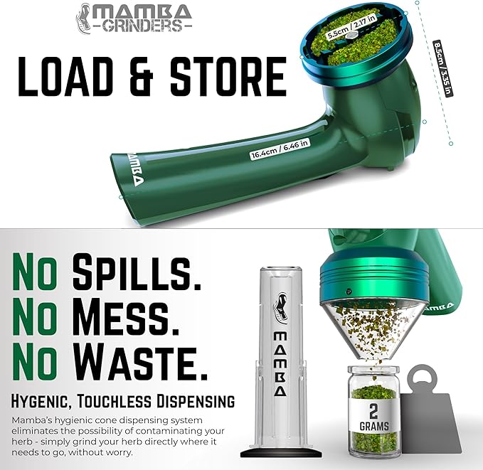 Mamba Loader XL 2g Green USB Electric Herb Grinder. Small Portable Metal Herbal Machine & Spice Mill for the Kitchen