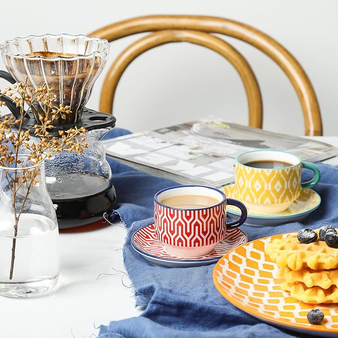 Selamica Ceramic Espresso Cups with Saucers, 2.5 OZ Stackable Demitasse Cups with Metal Stand, Mini Espresso Mugs for Latte Coffee Café Mocha Tea, Set of 6, Assorted Colors