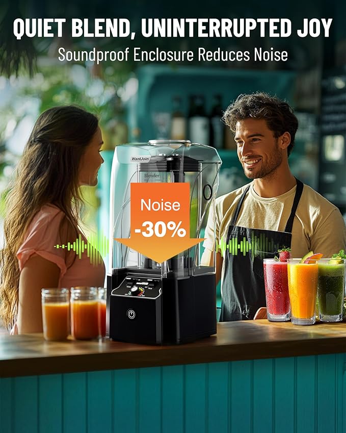 WantJoin Professional Commercial Blender With Shield Quiet Sound Enclosure 2200W Industries Strong and Quiet Professional-Grade Power, Self-Cleaning, Black