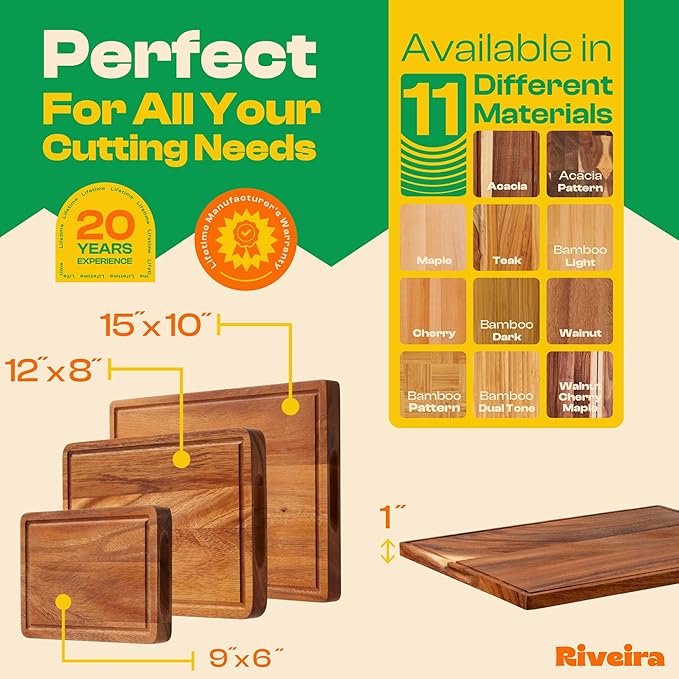 Riveira Walnut Cutting Board Set – Versatile And Durable: Set Of 3 Pcs Rectangular Wooden Cutting Board – Natural Wooden Cutting Boards For Kitchen – Complete Walnut Wooden Chopping Board
