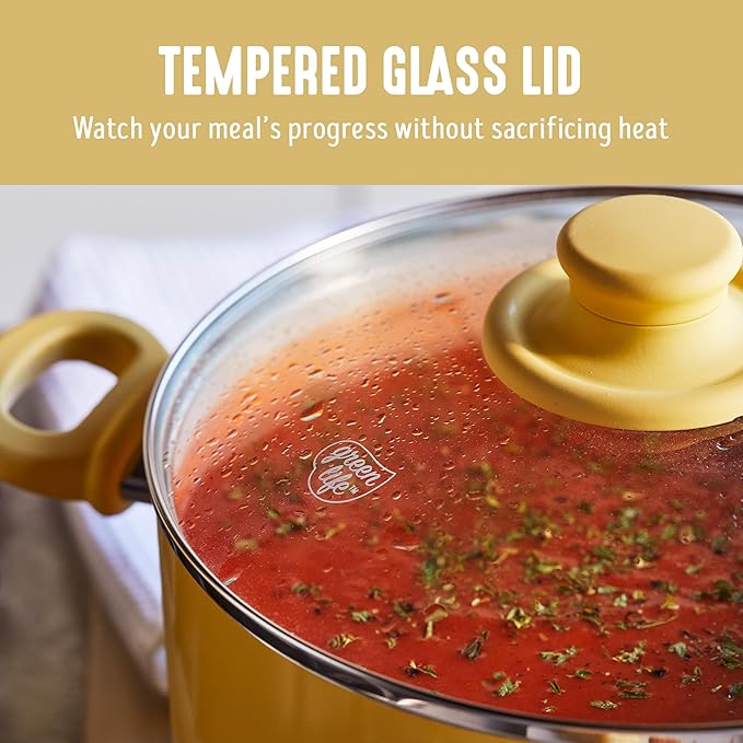 GreenLife 16 Piece Nonstick Cookware Set, Soft Grip Non-Toxic PFAS-Free Ceramic Pots & Pans, Dishwasher & Oven Safe, Frying, Sauce, Saute, Utensils, Glass Lids, Stay-Cool Handles, Wobble Free, Yellow