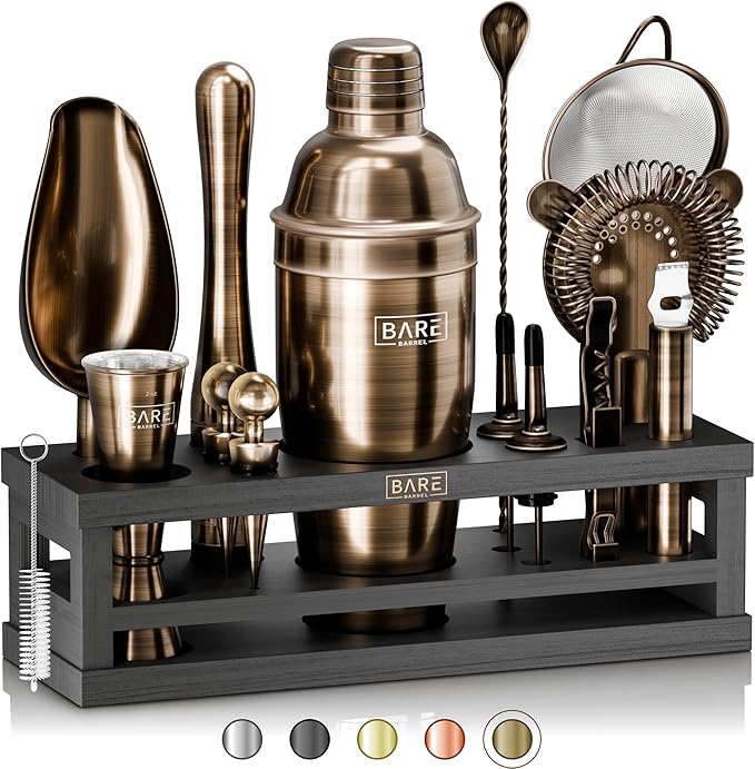 BARE BARREL® Mixology Bartender Kit Bar Set | 16-Piece Cocktail Shaker Set | Martini Barware Mixing Tools for Home Bartending | Incl. 35 Recipe Cards | Gift Set (24oz Cobbler Shaker, Brass/Black)