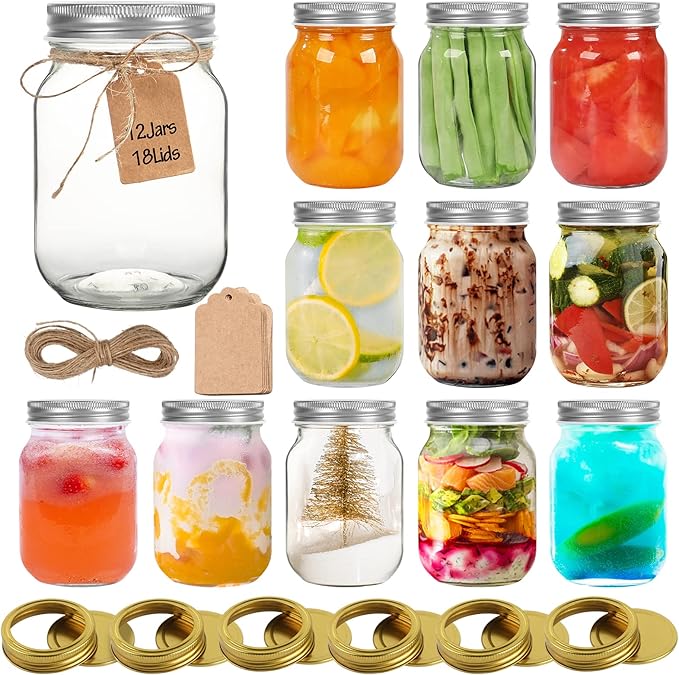 Mason Jars 16 oz 12Pack with 6 Extra Lids, Glass Pint Canning Jars 16 oz - 16oz mason jars with silver lids and extra 6 gold lids for Canning/Preserving/Meal Prep