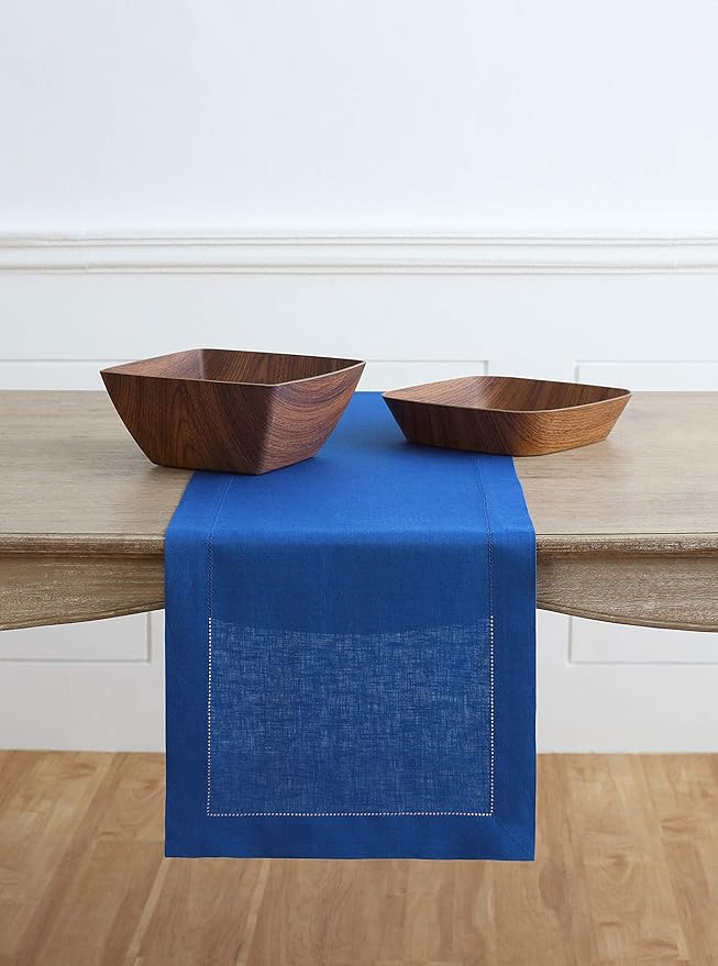 Solino Home Linen Royal Blue Table Runner 156 Inches Long - 100% Pure Linen Extra Long Table Runner 14 x 156 Inch for Summer - Classic Hemstitch
