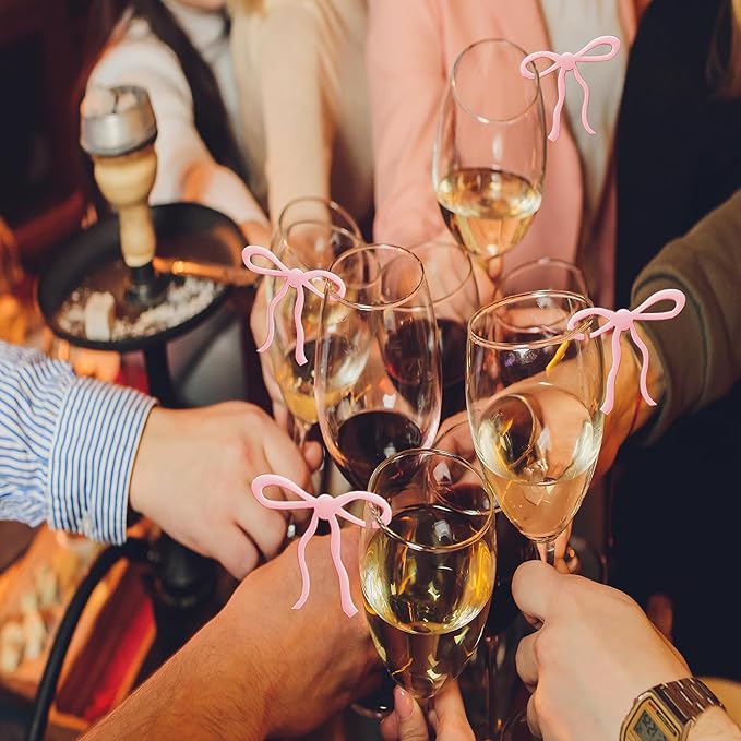 20 pcs Bow Drink Markers, Acrylic Drink Tags Bow themed Party Favors, Coquette Birthday Wedding Cocktail Party Decorations Pink Bow Party Accessories (Pink tags)