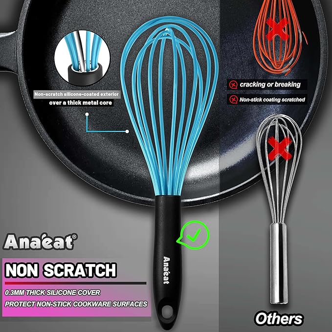Anaeat Silicone Balloon Whisk, Perfect for Non-Stick Cookware, Milk and Egg Beater Blender, Heat Resistant Kitchen Whisks for Whisking, Cooking, Baking, Beating, Frothing & Stirring (Blue)