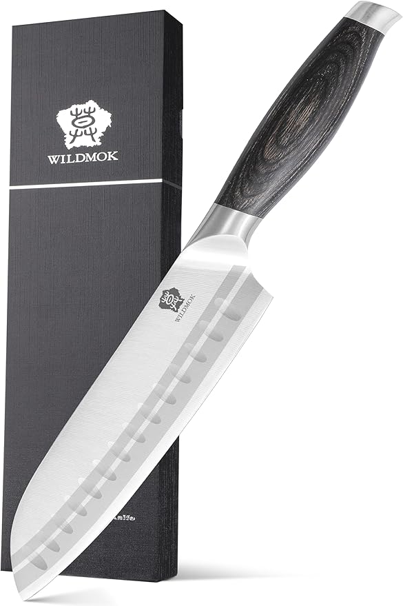 WILDMOK 7 Inch Santoku Knife, Japanese Chef Knife -Ultra Sharp Kitchen Chopping Knife, German Stainless Steel Chef Knife with Pakka Wood Handle, Gift Box