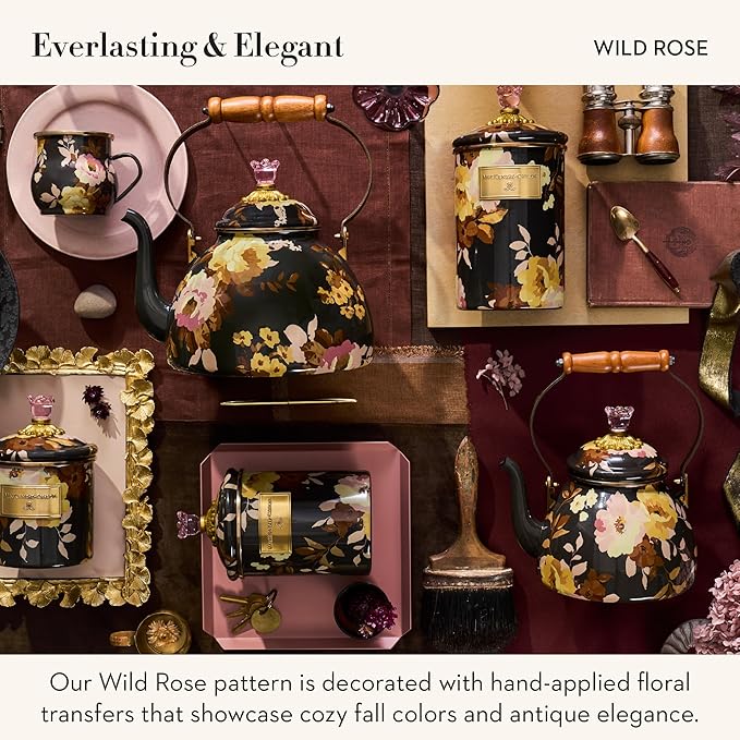 MACKENZIE-CHILDS Enamel Tea Kettle, Cute Tea Kettle for Stovetop, 2 Quarts, Wild Rose Brown