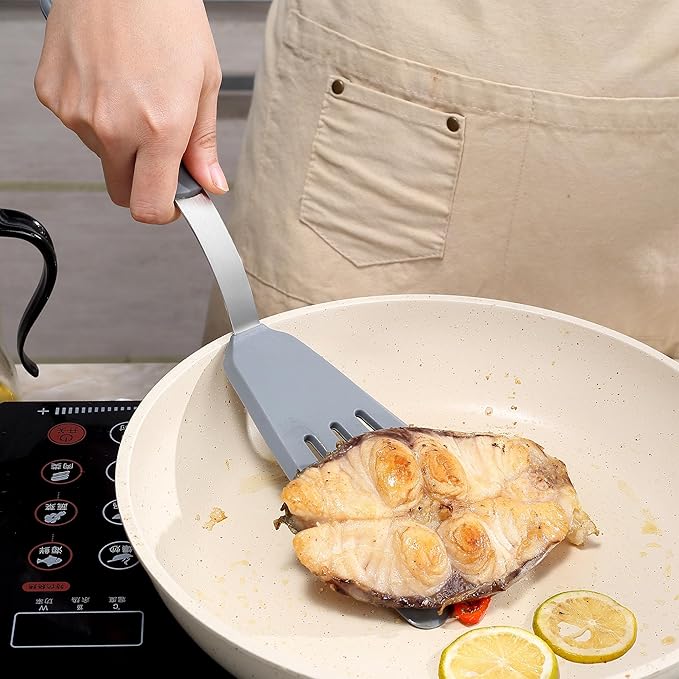 To encounter 5 Pieces Silicone Spatula Set, Non-Stick Silicone Turner Spatulas, Heat Resistance Cooking Utensils, Flip Turner for Fish, Egg, Pancake, Light Grey