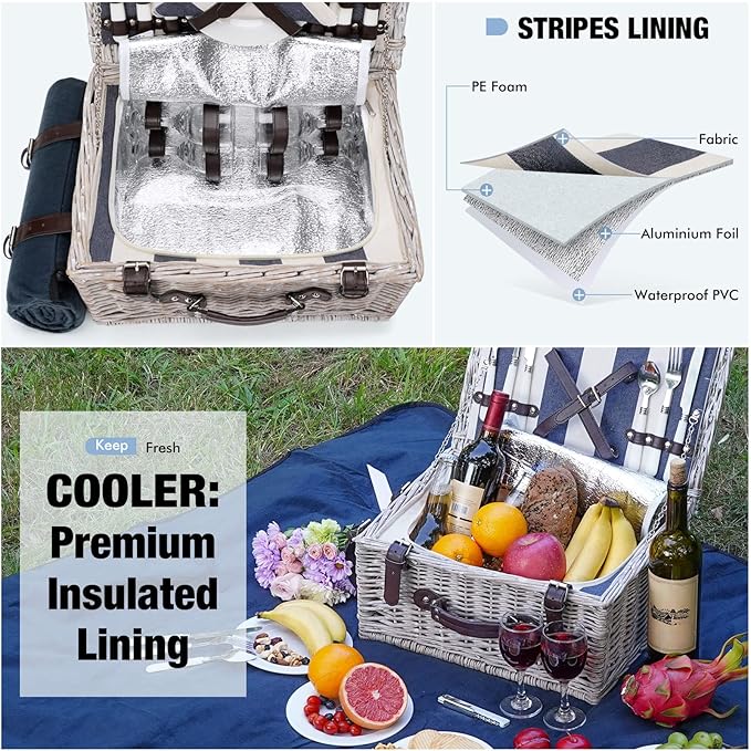 Picnic Basket Sets for 4 Persons with Insulation Layer,Waterproof Picnic Blanket, Tableware for Family,Party,Outdoor Living,Camping