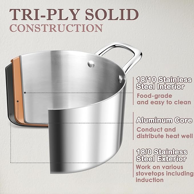 Herogo 4 Quart Stock Pot, 18/10 Stainless Steel Cooking Pot with Lid, Tri-Ply Pasta Stockpot with Handles, 4 QT Stockpot for Induction Gas Electric Stove, Dishwasher Safe