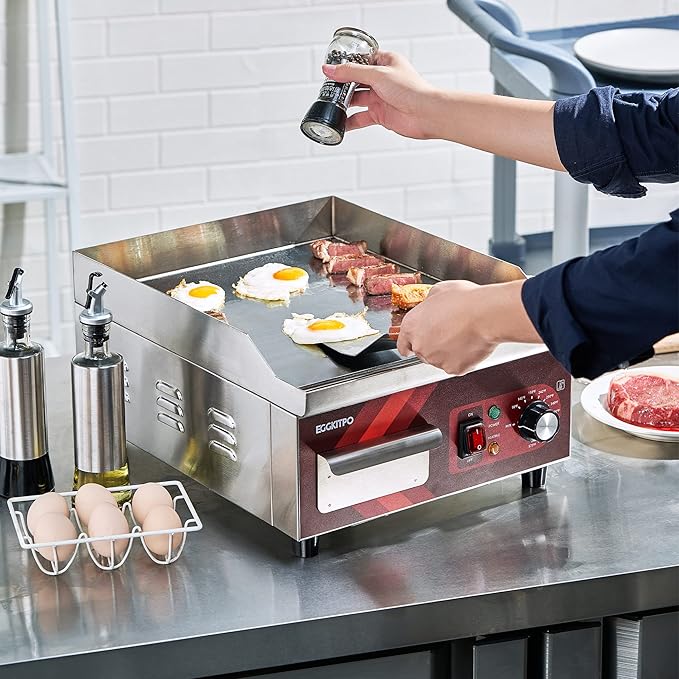 14 Inch Electric Griddle, Non-Stick Flat Top Grill Commercial Electric Countertop Griddles Stainless Steel Adjustable Temperature Control 90℉-575℉ for Home or Restaurant Use