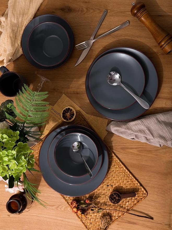 Famiware Venus Plates and Bowls Sets, 18 Pieces Stoneware Dinnerware Sets, Speckled Dishes Set for 6, Microwave and Dishwasher Safe, Matte Charcoal