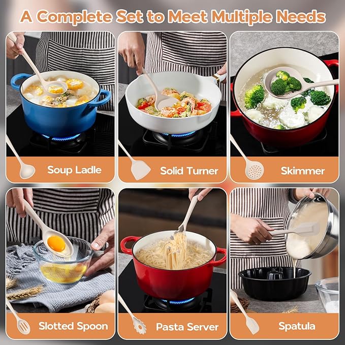 Kitchen Utensils Set, Onader Silicone Non Toxic Cooking Utensils, 6 Pcs Heat Resistant Kitchen Gadgets Set for Nonstick Cookware - Khaki