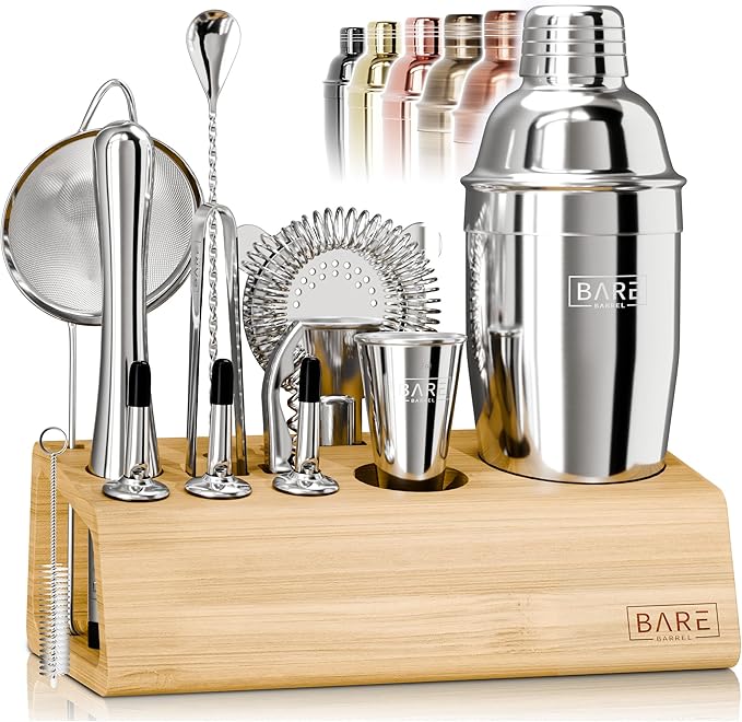BARE BARREL® Mixology Bartender Kit Bar Set | 14-Piece Cocktail Shaker Set | Martini Barware Mixing Tools for Home Bartending | Incl. 35 Recipe Cards | Gift Set (24oz Cobbler Shaker, Silver/Natural)