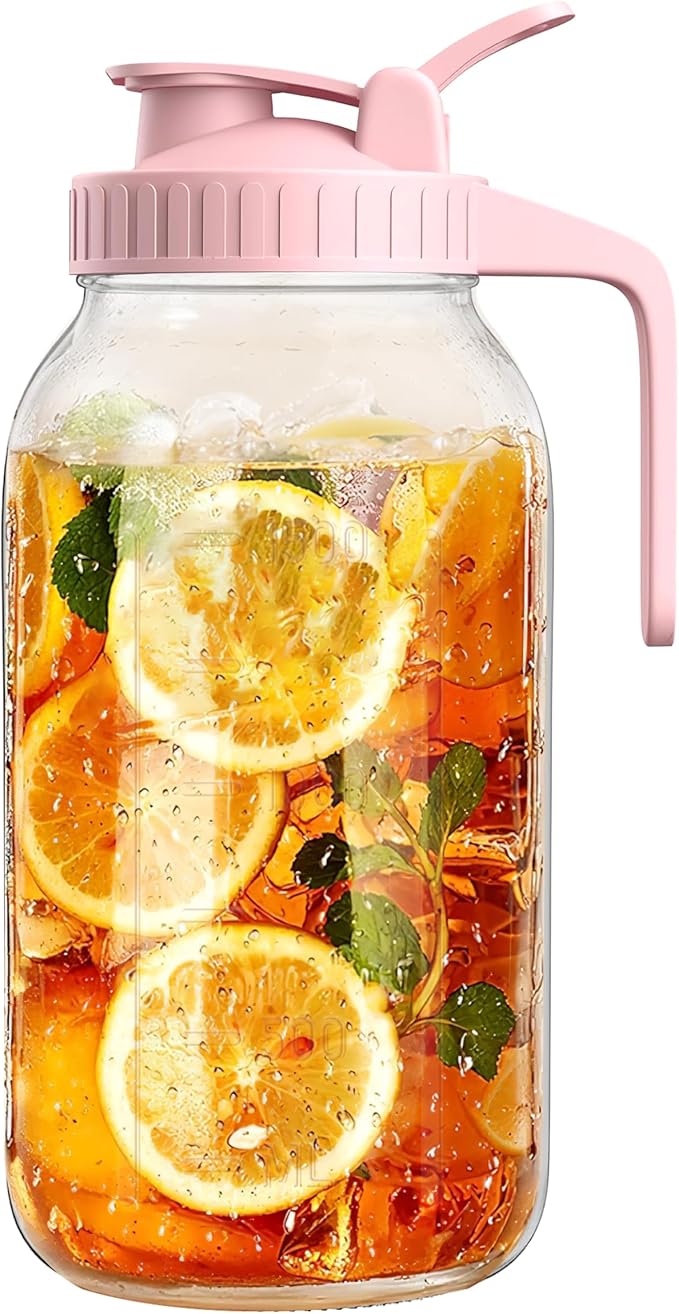 2 Quart Wide Mouth Glass Pitcher with Lid, 64oz Mason Jar Pitcher, Leak-proof Iced Tea Pitcher,Heavy Duty Container for Fridge Sweet Tea,Juice,Cold Brew Coffee,Breastmilk Storage Drinks-1PACK/Pink