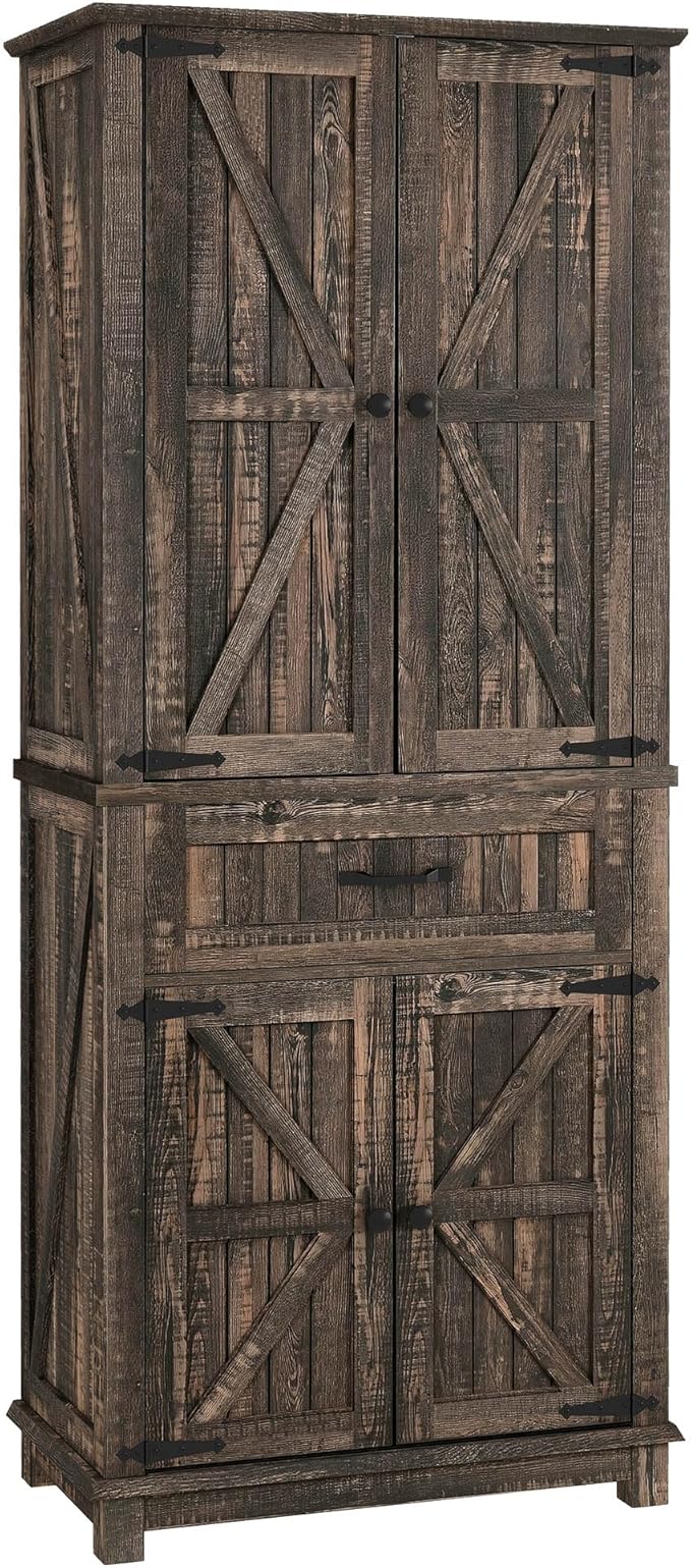 YITAHOME 72.6" H Farmhouse Kitchen Pantry Cabinet, Freestanding Tall Storage Cabinet with 4 Doors, Drawer and Adjustable Shelves, Tall Cupboard for Dining Room, Living Room, Dark Rustic Oak