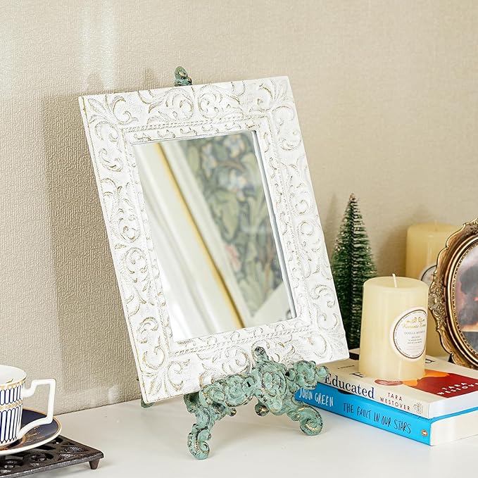 Sungmor Vintage Cast Iron Cookbook Stand, Small Ornate Easel Fleur De Lis Stand, 15.5" Tall Antique Green Table Top Display Holder for Recipe Book, Picture Frame, Plate, Home Kitchen Decor