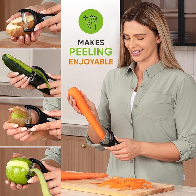 Spring Chef Stainless Steel Vegetable Y Peeler for Kitchen, Dishwasher Safe Potato Peelers with Ultra Sharp Blades & Soft Grip Handle, Perfect for Apple, Carrot, Cucumber, Veggie - Set of 2 - Black
