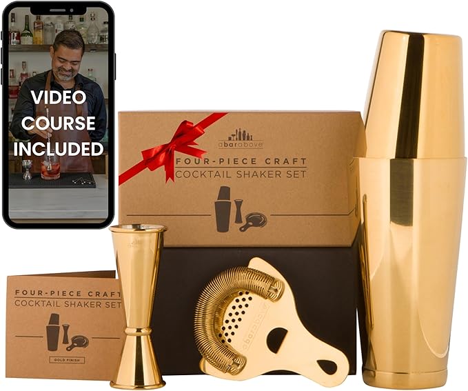A Bar Above 4-Piece Cocktail Shaker Set, for Professional and Home Bar, Premium Bar Kit Gifts, Includes Strainer, Jigger, Shaker Set, and 4-Hour Cocktail Course