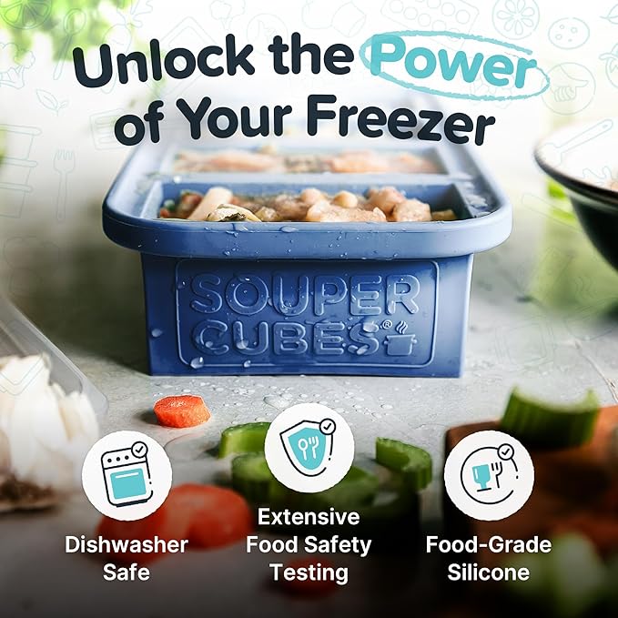 Souper Cubes 1 Cup Silicone Freezer Molds with Lids - Soup Cubes Freezer Tray with Lid - Perfect for Freezing Broth, Rice, Individual Portions, Meal Prepping and More - Blueberry - 2-Pack