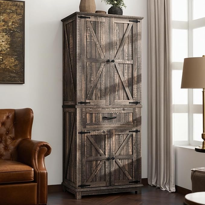 YITAHOME 72.6" H Farmhouse Kitchen Pantry Cabinet, Freestanding Tall Storage Cabinet with 4 Doors, Drawer and Adjustable Shelves, Tall Cupboard for Dining Room, Living Room, Dark Rustic Oak