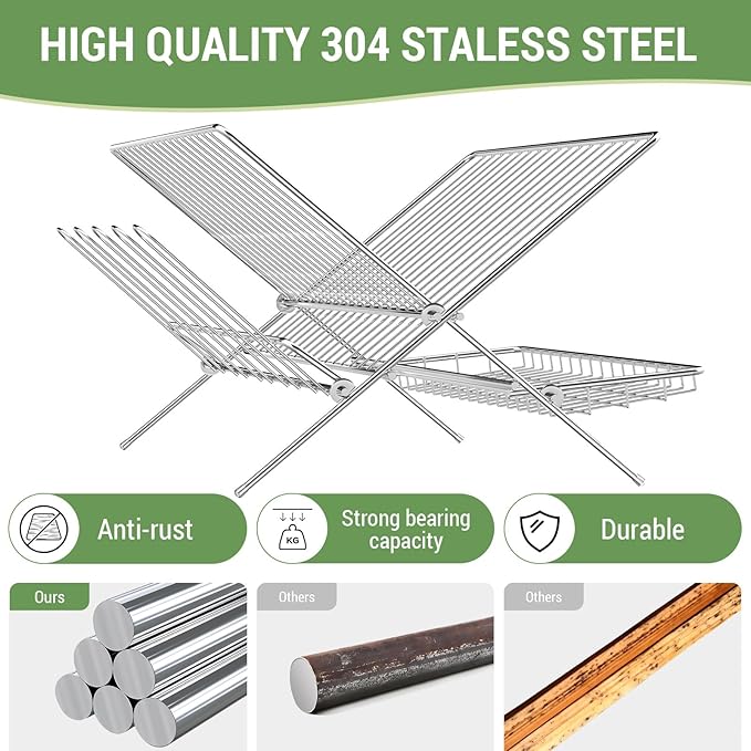 Dish Rack with Drip Tray, Stainless Steel 3-Tier Collapsible Drainer Dish Drying Rack for Kitchen Counter, Sink, Countertop,Cutlery, Dishes Utensils Flatware Holder Set, Reversible Cup Draining Rack