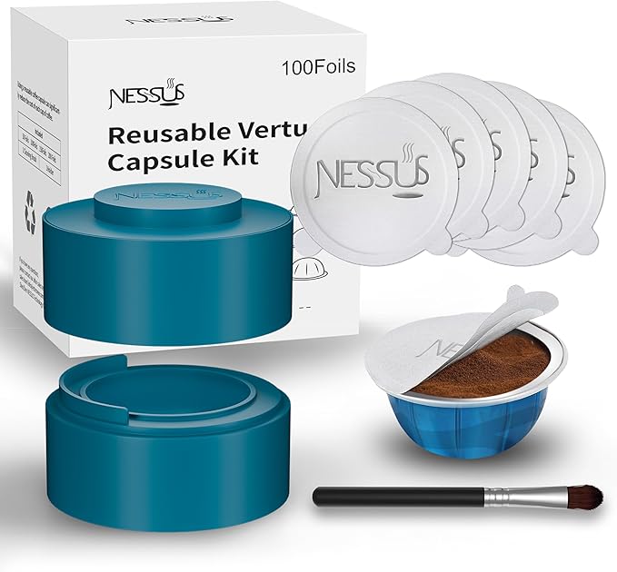 Nessus Reusable Vertuo Capsule Kit, [ALSeal EZ FIT] for Refillable Pods with 100 Pcs Aluminum Foil Seal Lids, Holder, Brush, for Refilling Vertuo Pods Reusable Vertuoline Pod(Blue)