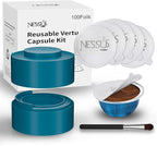 Nessus Reusable Vertuo Capsule Kit, [ALSeal EZ FIT] for Refillable Pods with 100 Pcs Aluminum Foil Seal Lids, Holder, Brush, for Refilling Vertuo Pods Reusable Vertuoline Pod(Blue)