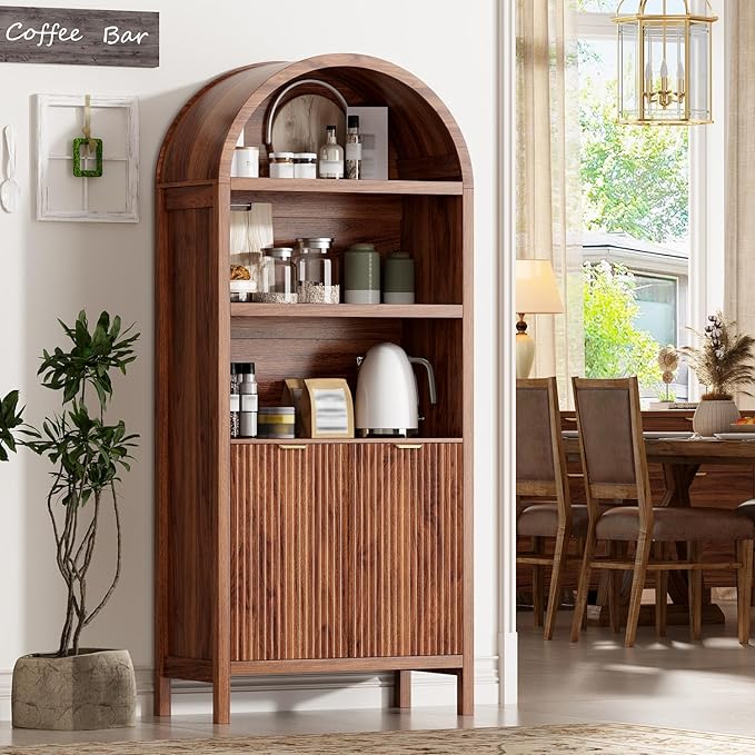 71" Tall Arched Kitchen Pantry,Modern Fluted Wood Storage Cabinet with Doors,Adjustable Shelves,Organizer, Versatile Cupboard for Kitchen,Living Room,Dining Room,Bathroom,Walnut