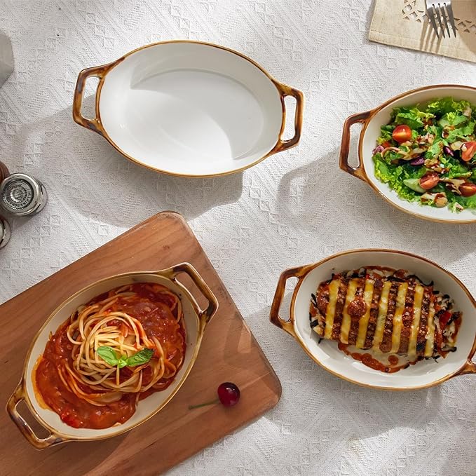 Au Gratin Baking Dish, Ceramic Oval Baking Dishes with Handles, 20 oz Small Casserole Dishes for Oven, 6x8 Individual Baking Dishes for Oven, Single Serving Dishes for 1-2 People, Set of 4, Brown Rim